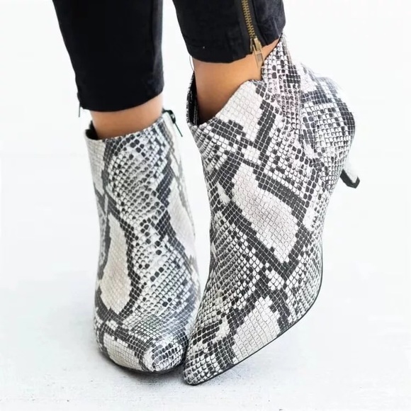 Snake Vegan Leather Black & White Ankle Boot - Picture 2 of 7